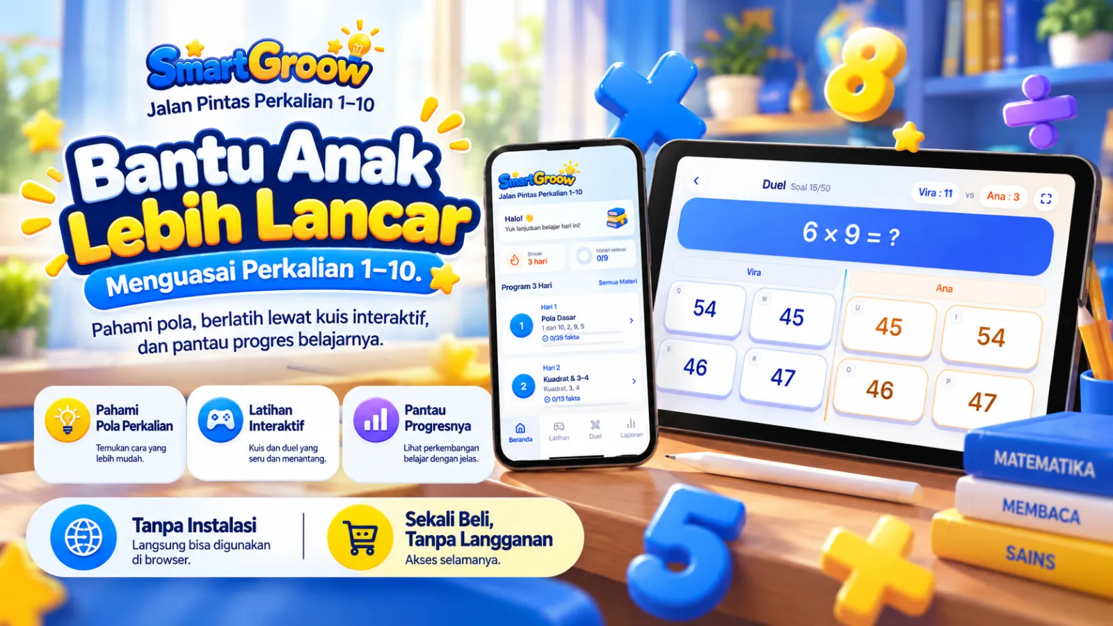 Pelajar tersenyum sambil menulis di buku catatan